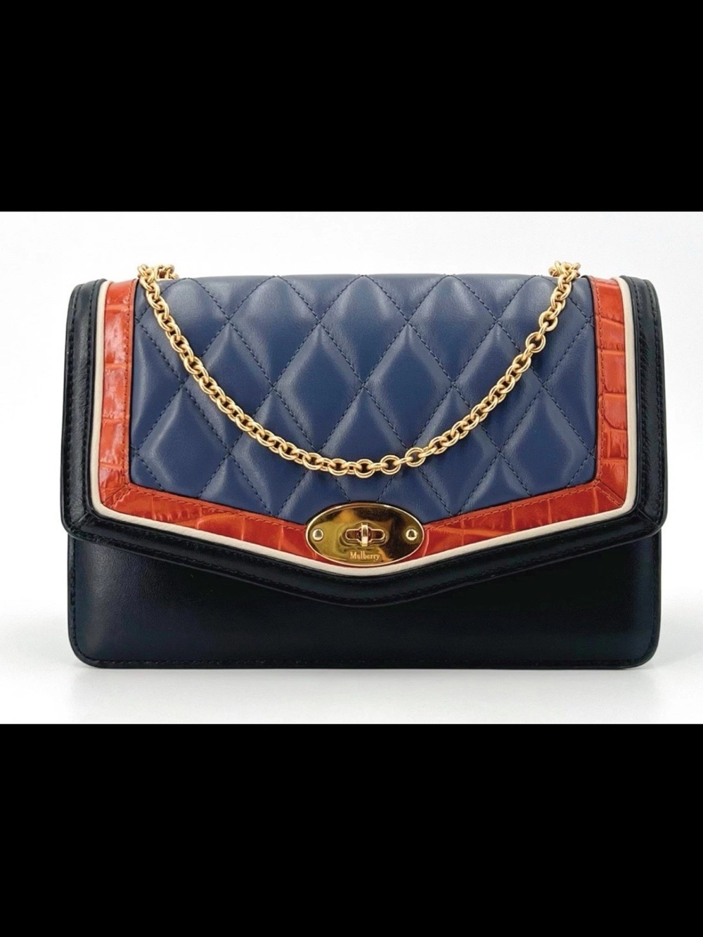 Mulberry Quilted Navy Leather Shoulder Bag with Red Trim and Gold Chain
